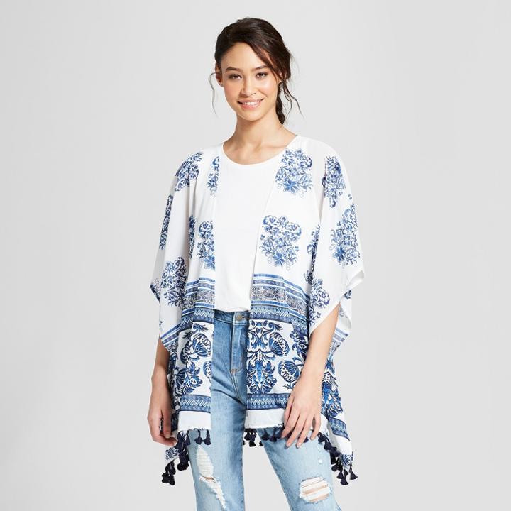 Women's Printed Tassel Kimono - Xhilaration Whitesand/dazzling Blue