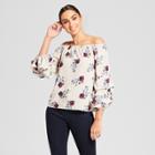 Women's Thin Stripe Floral Print Off The Shoulder Ruffle Sleeve Blouse - Needlework White/tan