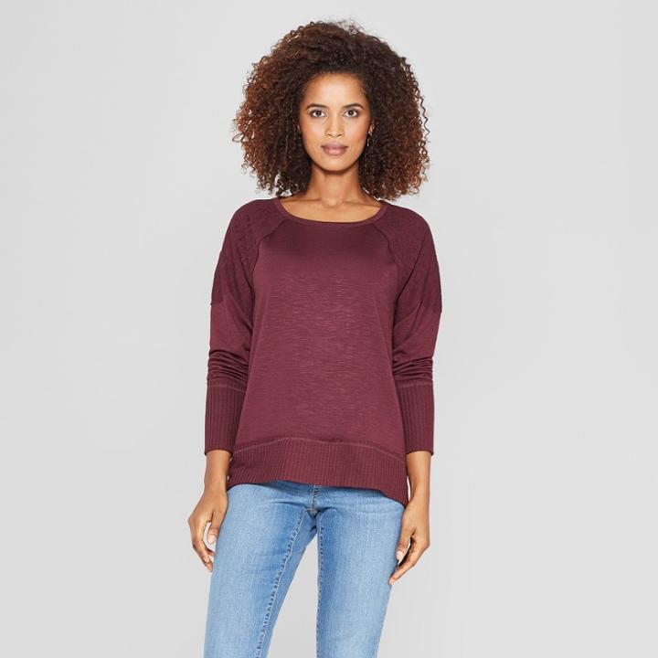 Women's Long Sleeve Scoop Neck Lace Trim Sweatshirt - Knox Rose Burgundy (red)
