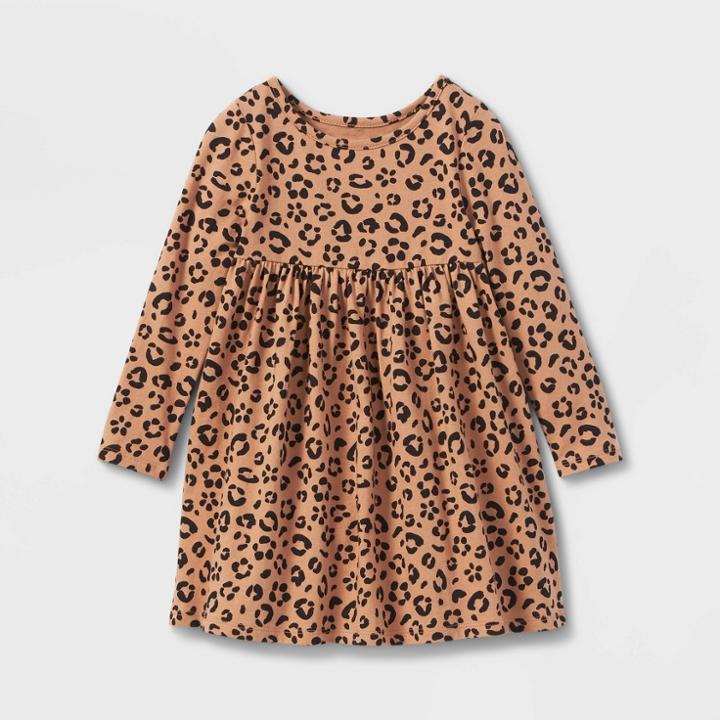 Toddler Girls' 100% Cotton Printed Long Sleeve Dress - Cat & Jack Brown