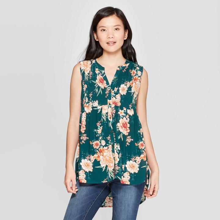 Women's Floral Print Sleeveless V-neck Button-front Top With Smocking - Knox Rose Green
