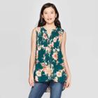 Women's Floral Print Sleeveless V-neck Button-front Top With Smocking - Knox Rose Green