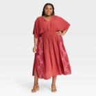 Women's Plus Size Flutter Short Sleeve Embroidered Kaftan A-line Dress - Knox Rose Red Floral