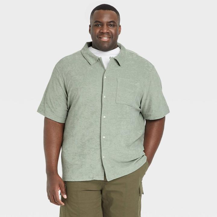 Men's Big & Tall Terry Short Sleeve Camp Button-down Shirt - Goodfellow & Co Green