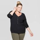 Women's Plus Size Long Sleeve V-neck Ribbed Henley T-shirt - Ava & Viv Black