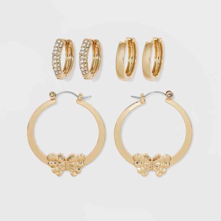 Crystal And Butterfly Cubic Zirconia Hoop Earring Set 3pc - Wild Fable Gold