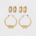 Crystal And Butterfly Cubic Zirconia Hoop Earring Set 3pc - Wild Fable Gold