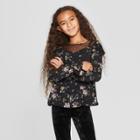 Girls' Woven Mesh And Lace Long Sleeve Top - Art Class Black