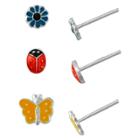 Target Girls' Sterling Silver 3 Pr Enamel Stud Earring Set-ladybug/butterfly/flower-red/blue/yellow