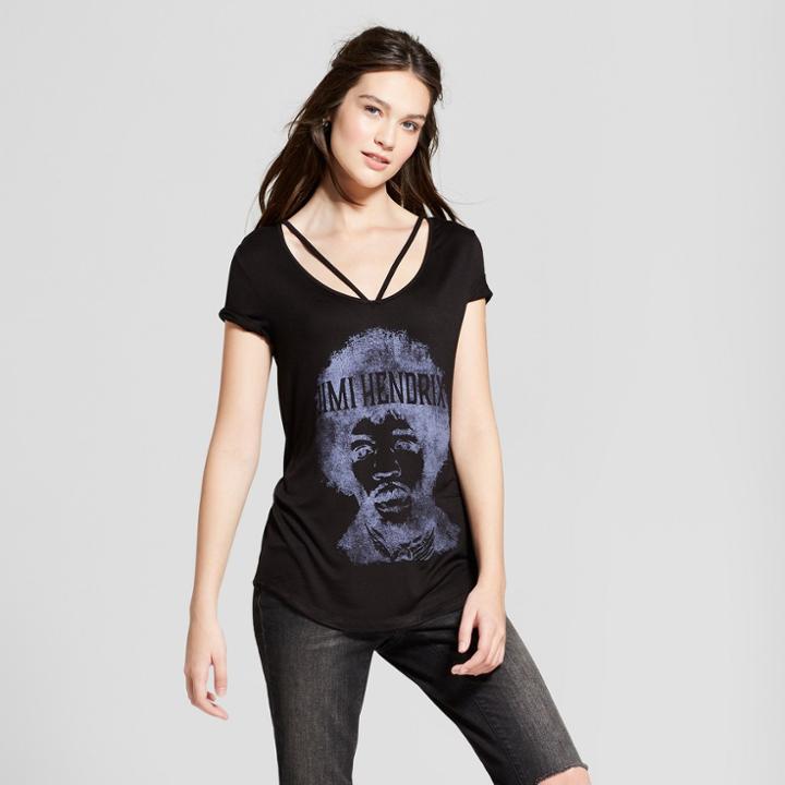Women's Jimi Hendrix Drapey Short Sleeve Clavicle T-shirt (juniors') Black