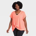 Women's Plus Size Short Sleeve Twist-front Ribbed T-shirt - All In Motion Coral