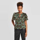 Women's Floral Print Flounce Short Sleeve Split Neck Peplum Ruffle Blouse - Who What Wear Green M, Women's,
