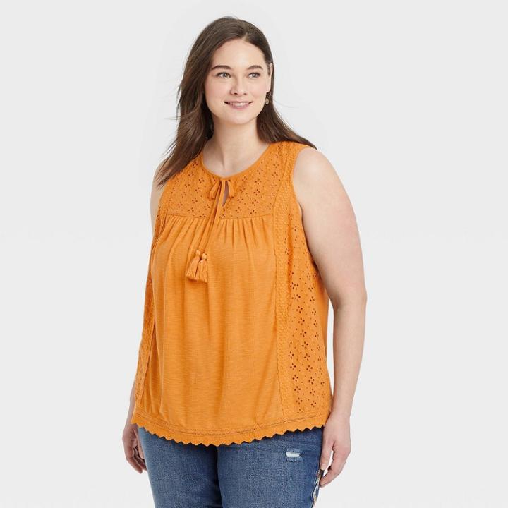 Women's Plus Size Eyelet Lace Rib Knit Tank Top - Knox Rose Gold