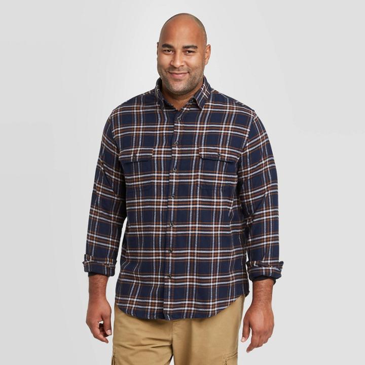 Mens Tall Standard Fit Long Sleeve 2-pocket Flannel Button-down Shirt - Goodfellow & Co Navy