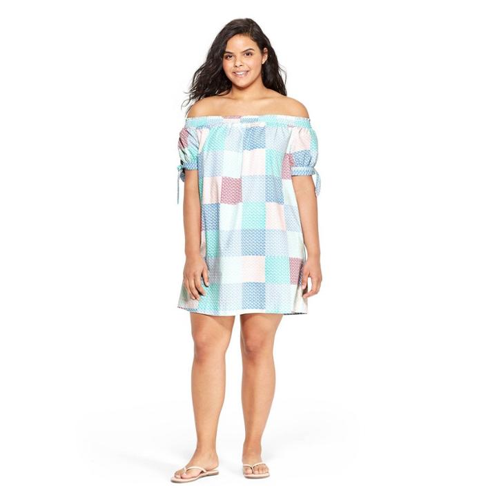 Women's Plus Size Patchwork Whale Off The Shoulder Short Sleeve Bardot Dress - Pink/blue 1x - Vineyard Vines For Target,