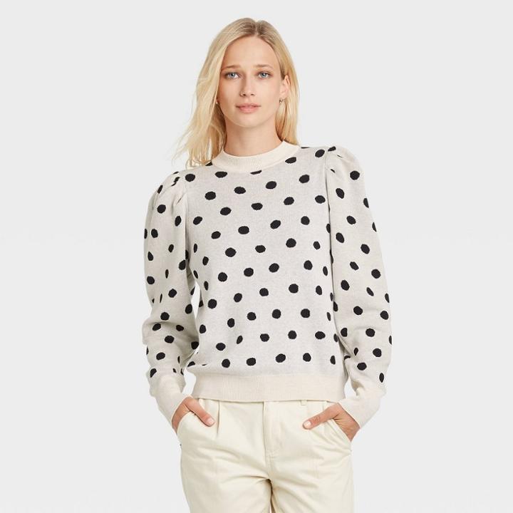 Women's Polka Dot Mock Turtleneck Pullover Sweater - Who What Wear Cream