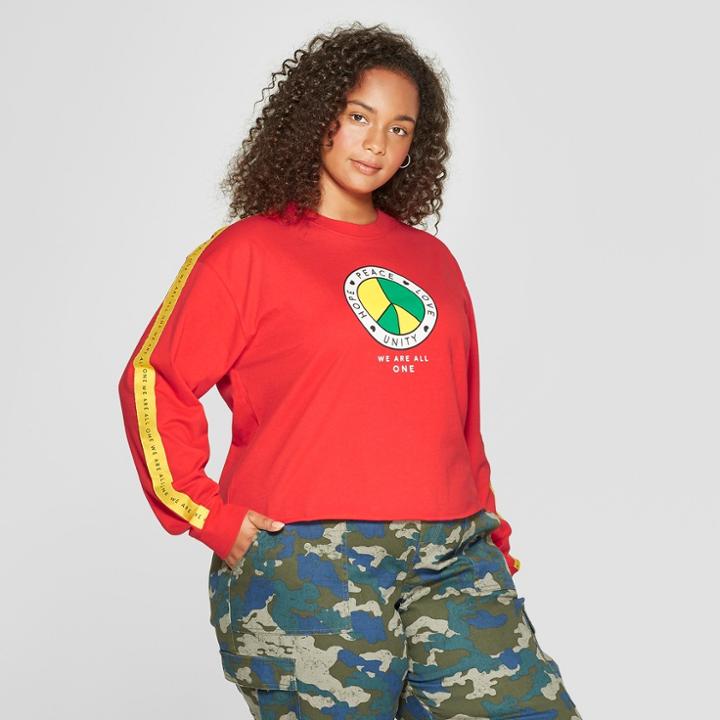 Women's Plus Size Long Sleeve Hope Peace Love Graphic T-shirt - Mighty Fine (juniors') Red