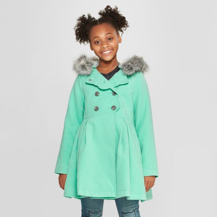 Girls' Long Faux Wool Fur Hood Jacket - Cat & Jack Aqua
