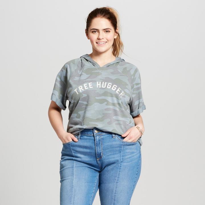 Women's Short Sleeve Plus Size Tree Hugger Hooded Graphic Sweatshirt - Grayson Threads (juniors') Camo Green
