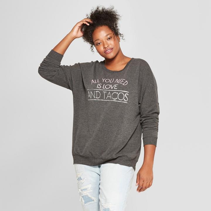 Women's Plus Size Love And Tacos Graphic Sweatshirt - Zoe+liv (juniors') Charcoal