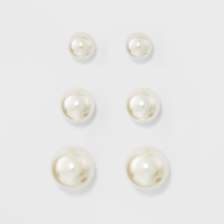 Faux Pearl Stud Earring Set 3ct - A New Day Silver,