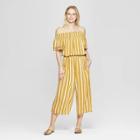 Women's Striped Short Sleeve Off The Shoulder Smocked Top Cropped Jumpsuit - Xhilaration Gold