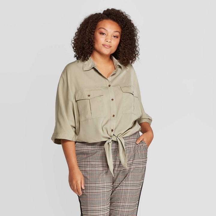 Women's Plus Size Elbow Sleeve Collared Front Button-down Blouse - Who What Wear Green