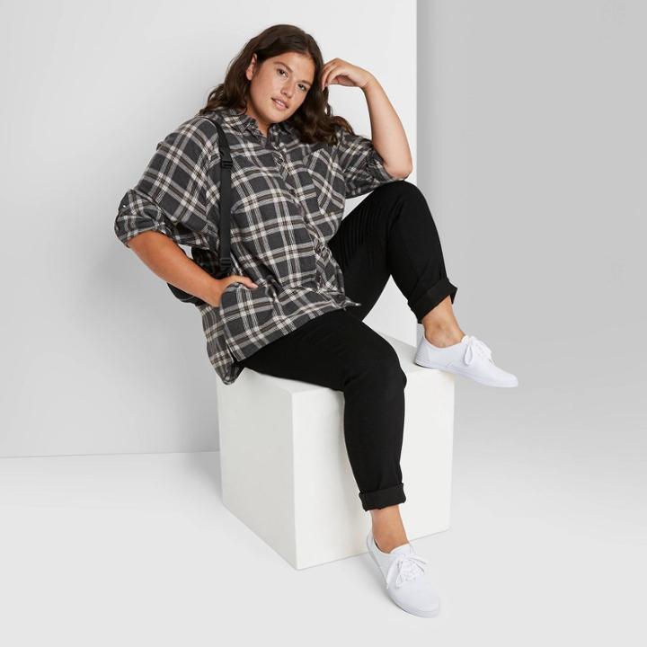 Women's Plus Size Plaid Long Sleeve Oversized Button-down Shirt - Wild Fable Black/white