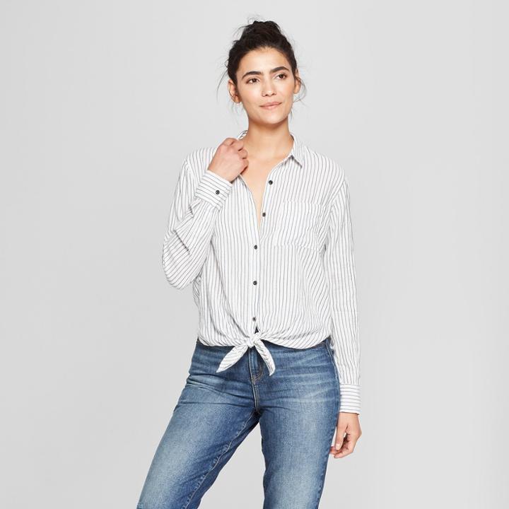 Women's Striped Long Sleeve Tie Front Shirt - Universal Thread Blue