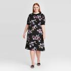 Women's Plus Size Floral Print Short Sleeve Boat Neck Rib Trim A-line Midi Dress - Who What Wear Black 1x, Women's,