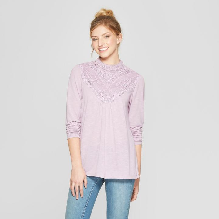 Women's Lace Front High Neck Long Sleeve Knit - Xhilaration Dusty Lilac (purple)