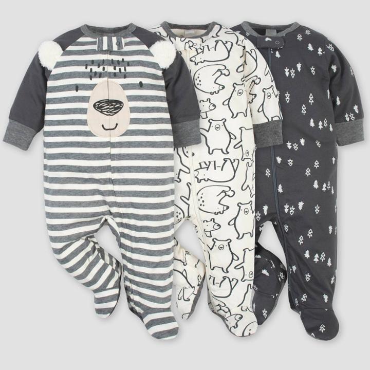 Gerber Baby Boys' 3pk Bear Zip-front Sleep N' Play - Gray/white Newborn