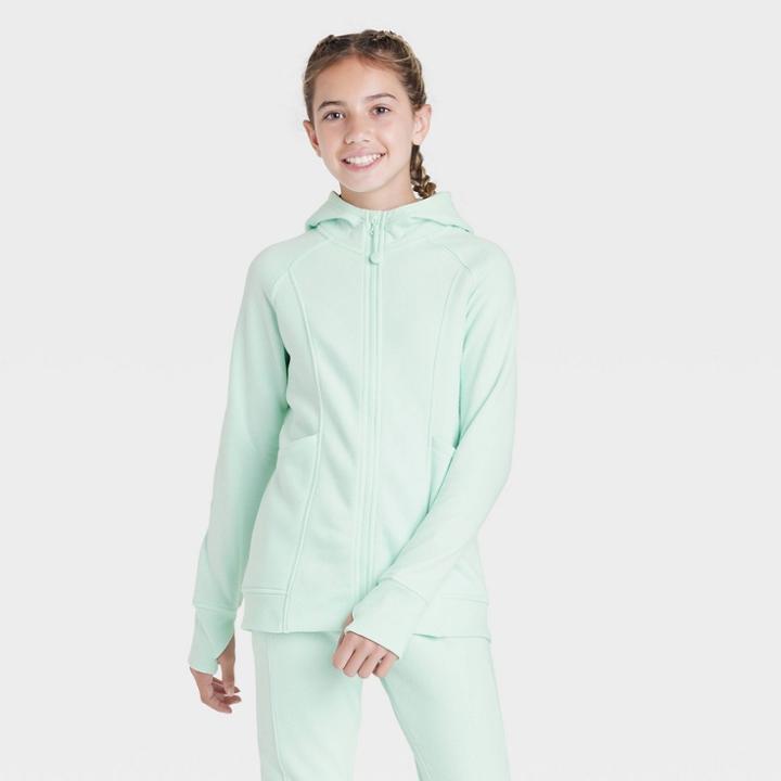 Girls' Fleece Full Zip Hooded Sweatshirt - All In Motion Green