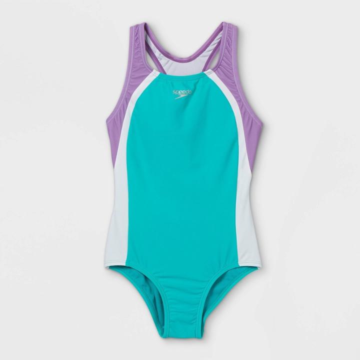 Speedo Girls' Colorblock One Piece Swimsuit - Turquoise/purple