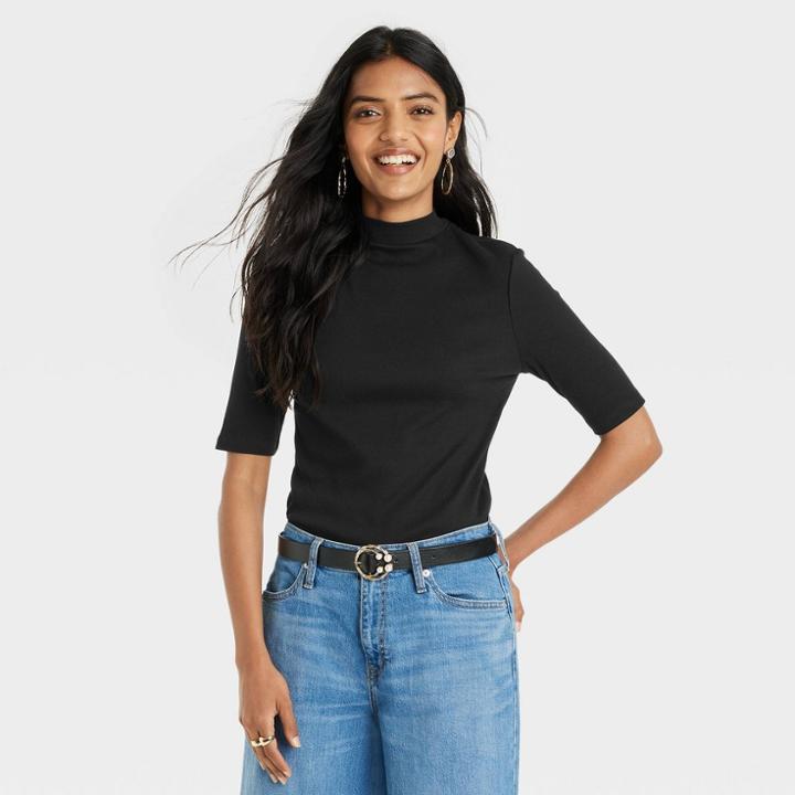 Women's Elbow Sleeve Mock Turtleneck T-shirt - A New Day Black