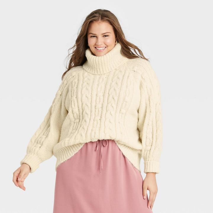 Women's Plus Size Mock Turtleneck Cable Knit Pullover Sweater - A New Day Yellow