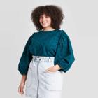 Women's Plus Size Striped Puff 3/4 Sleeve Eyelet Blouse - Universal Thread Blue