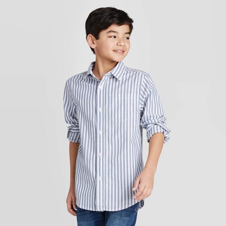 Boys' Long Sleeve Striped Button-down Shirt - Cat & Jack White/navy Xs, Boy's, Blue
