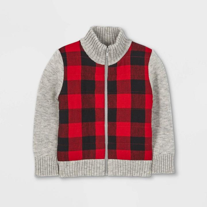Toddler Boys' Buffalo Check Knit Zip-up Sweater Cardigan - Cat & Jack Heather Gray