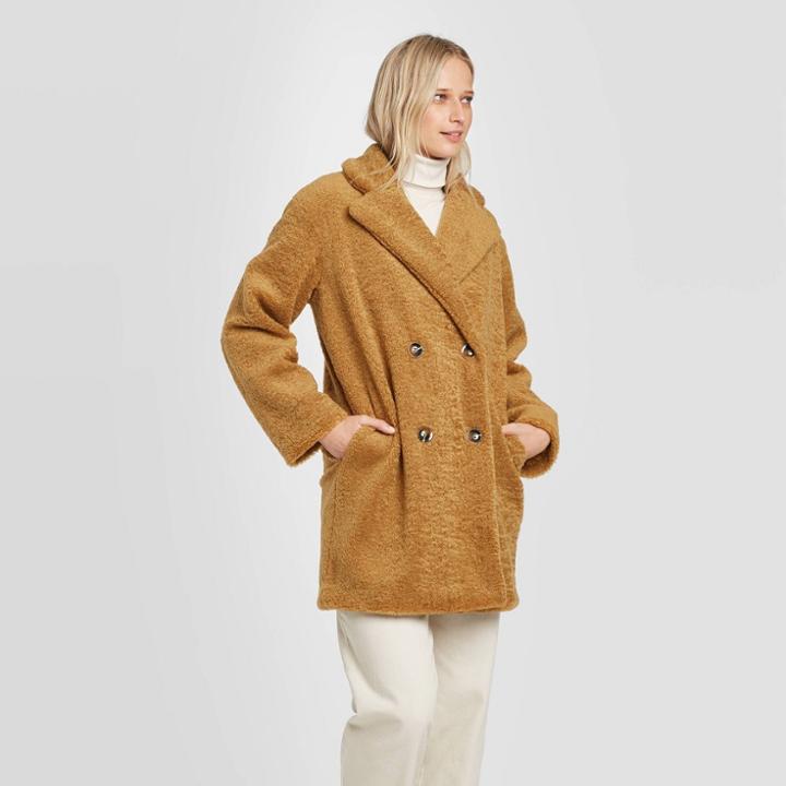 Women's Long Sleeve Double Breasted Faux Fur Coat - Who What Wear Brown S, Women's,