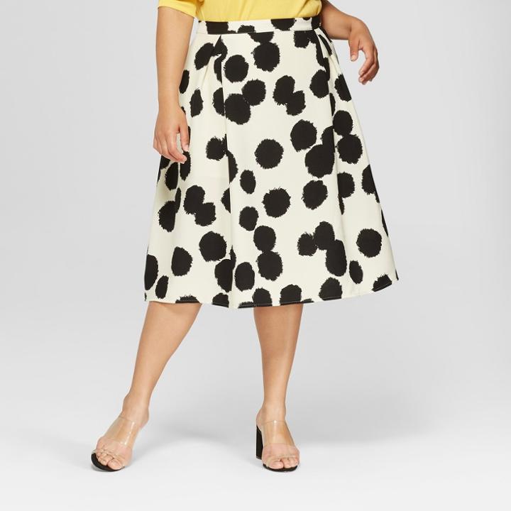 Women's Plus Size Polka Dot Birdcage Midi Skirt - Who What Wear Cream/black 20w, Ivory/black Polka Dot
