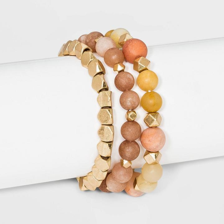 Semi-precious Pink Aventurine, Honey Topaz And Peach Moonstone 3 Row Stretch Bracelet Set - Universal Thread Blush Pink