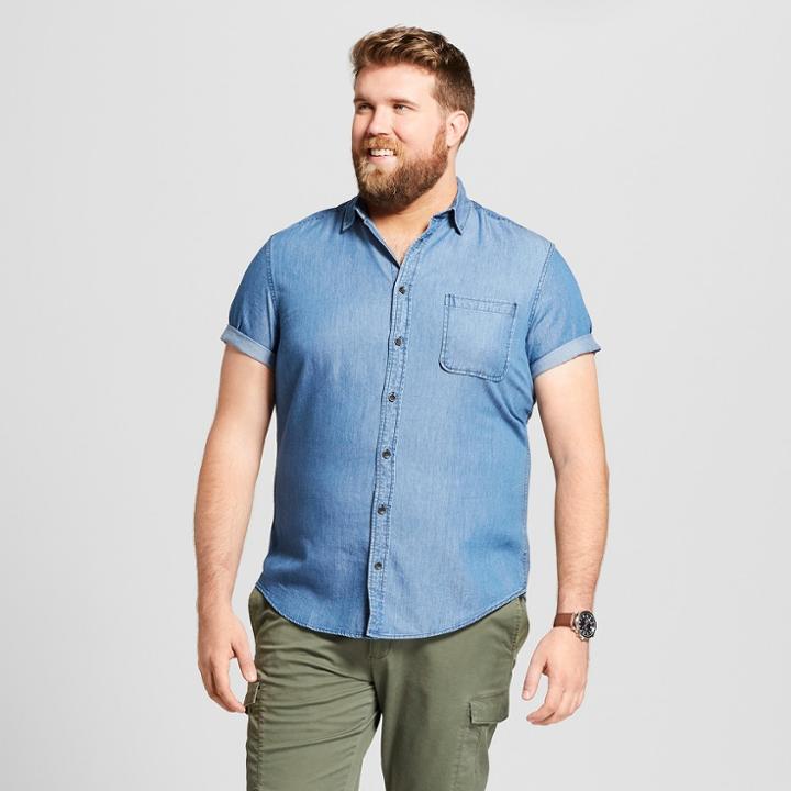 Men's Big & Tall Standard Fit Denim Short Sleeve Button-down Shirt - Goodfellow & Co Bayshore Blue