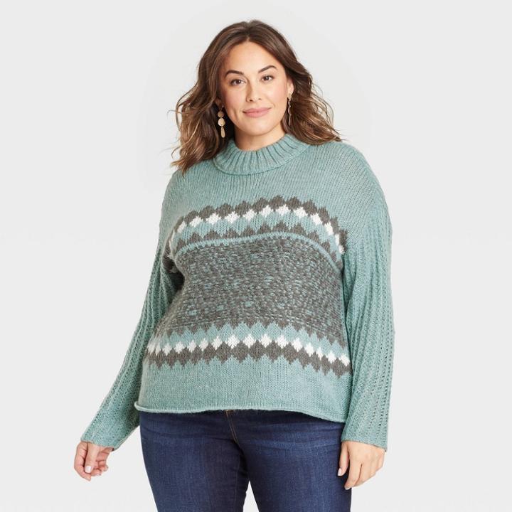 Women's Plus Size Mock Turtleneck Fairisle Pullover Sweater - Knox Rose Blue