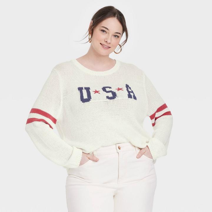 Grayson Threads Women's Plus Size Usa Stars Graphic Knit Sweater - White