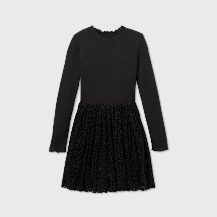 Girls' Leopard Print Long Sleeve Velvet Dress - Art Class Black