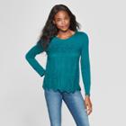 Women's Long Sleeve Lace Front Knit Top - Xhilaration Teal (blue)