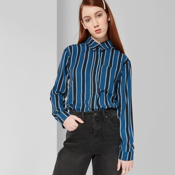 Women's Striped Long Sleeve Tie Front Button-down Shirt - Wild Fable Blue