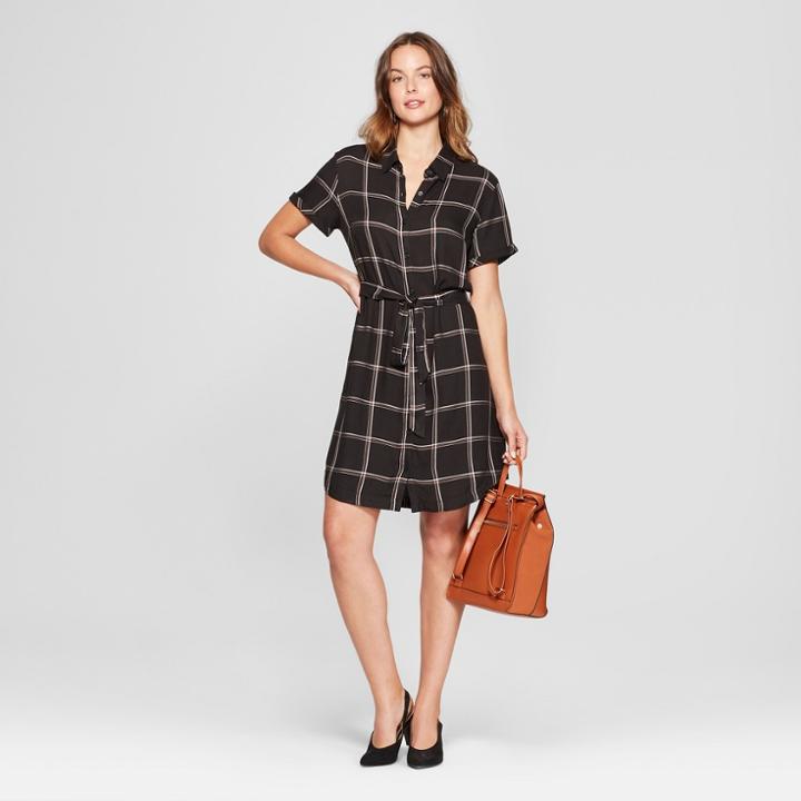 Women's Check Short Sleeve Shirt Dress - A New Day Black