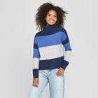 Women's Long Sleeve Striped Mockneck Color Block Sweater - Cliche Blue